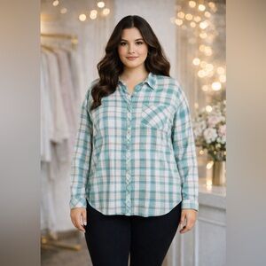 Croft & Barrow Women's Teal Pink Plaid Button Down Shirt
